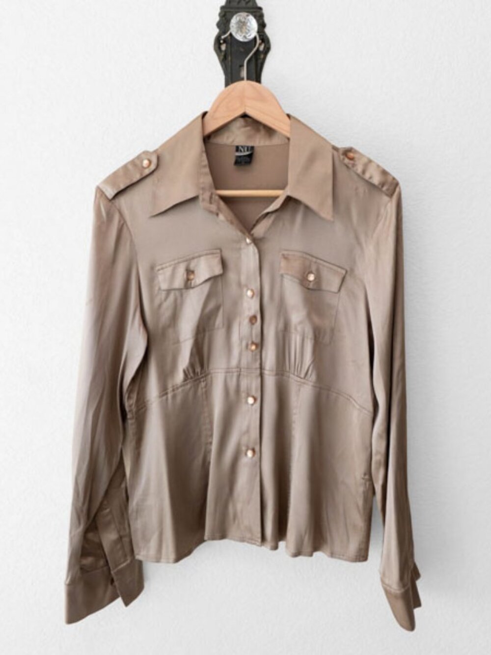 NU Construction Silk Blouse Size 12 Tan Button Up Stretch Satin Career Top